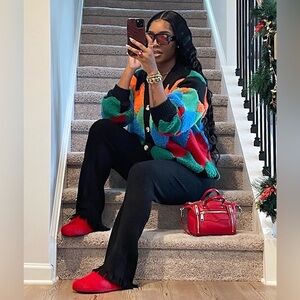 Colorblock Fuzzy Button Cardigan - Multicolor